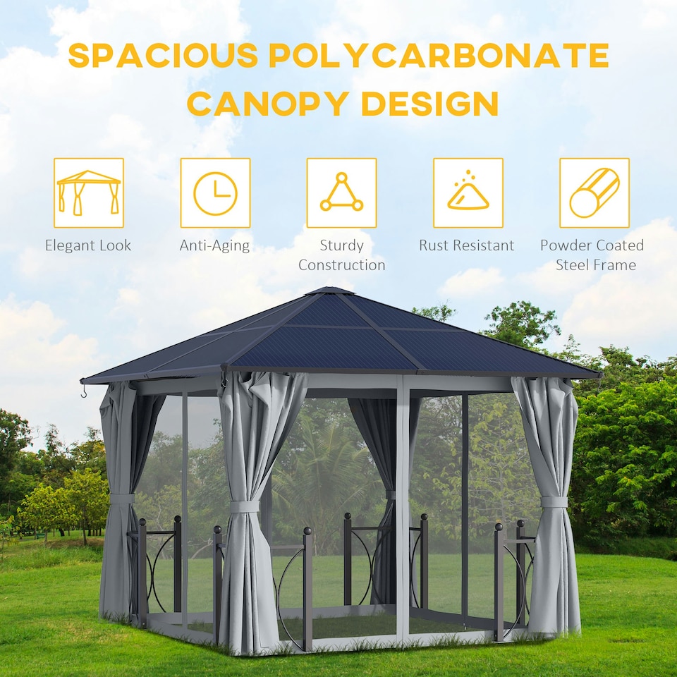 image 1 of Outsunny 3x3(m) Hardtop Gazebo with Polycarbonate Roof, Netting and Curtains