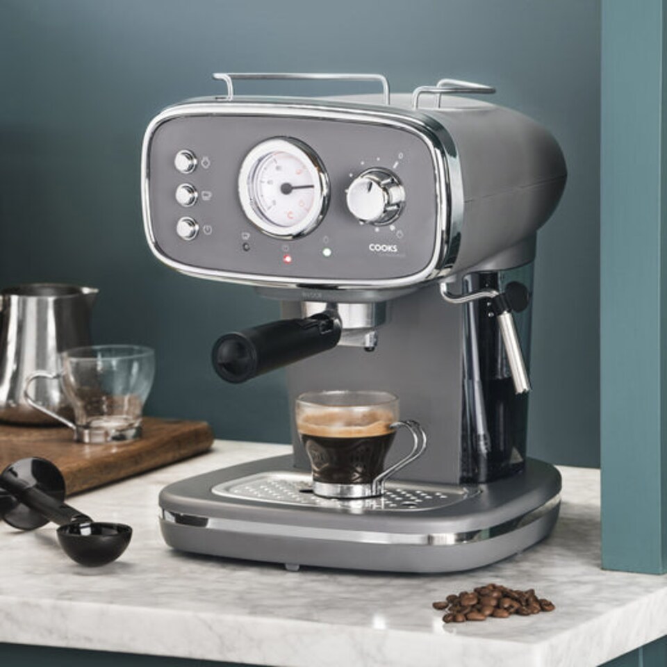 image 1 of Cooks Professional 15-Bar Retro Espresso Coffee Machine 1.2L with Frothing Steam Wand | Grey | Grey & Silver