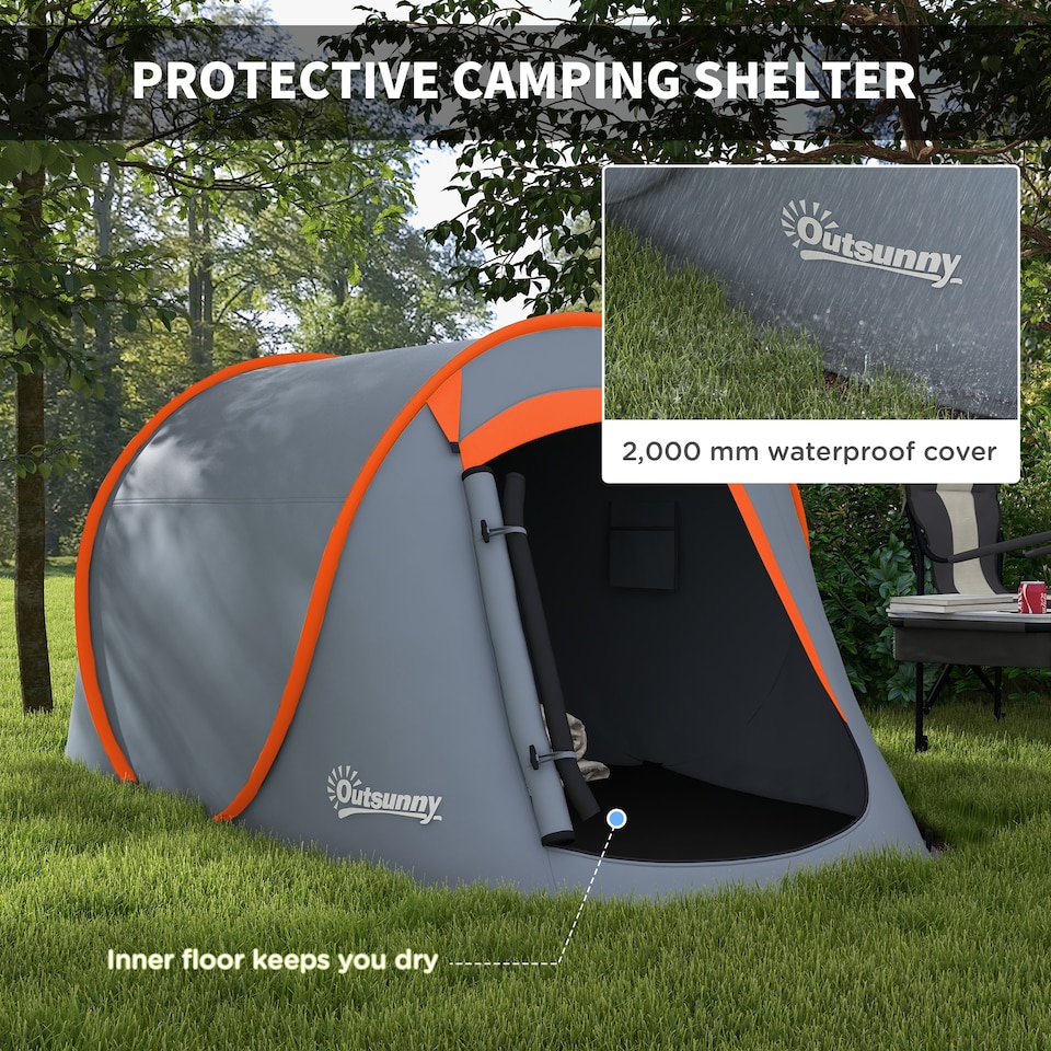 image 1 of Outsunny Pop up Camping Tent for 2 Man, 2000mm Waterproof with Carry Bag, Grey | Orange | Grey and Orange