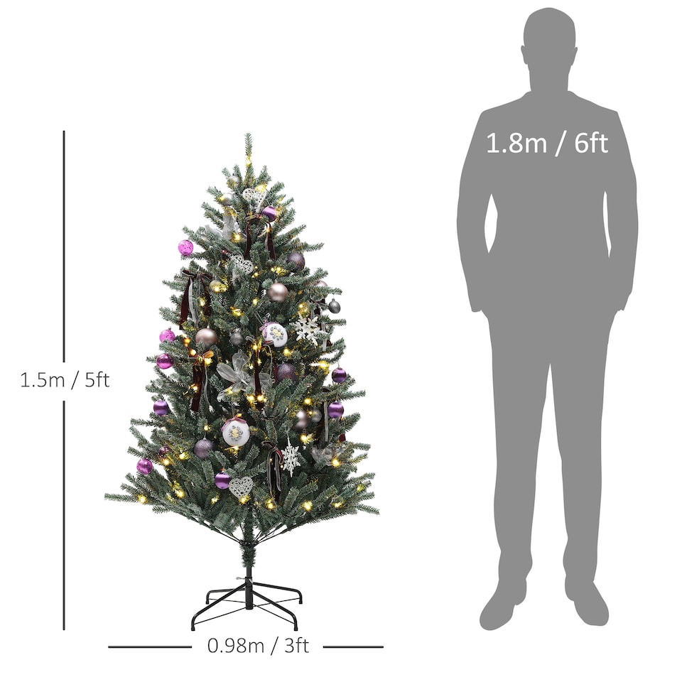 image 1 of HOMCOM 5ft Artificial Prelit Christmas Tree with Warm White LED Lights and 486 Tips, Metal Stand, Xmas Tree with Purple Ornaments for Home Office Holiday