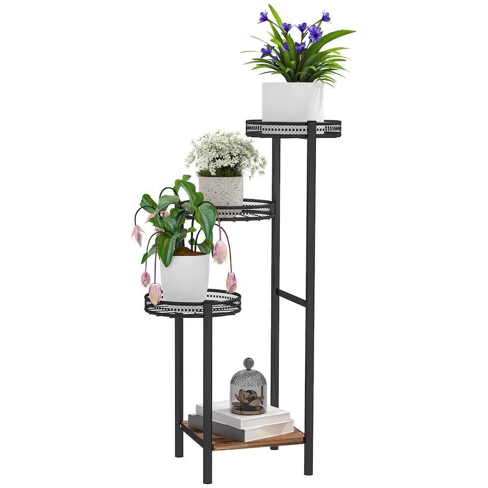 image 1 of Outsunny 4 Tiered Plant Pot Stand, Metal Plant Shelf for Living Room | Black | Black