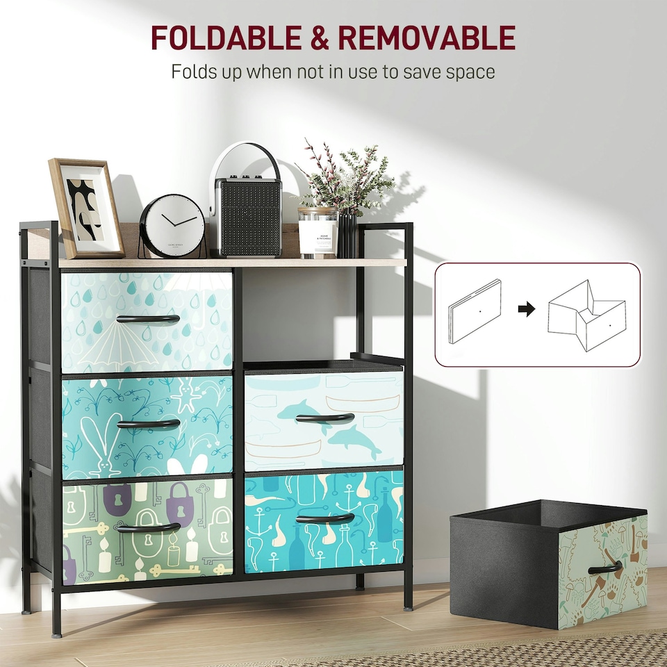 image 1 of HOMCOM 6-Drawer Chest of Drawers, Fabric Dresser with Open Shelf, Blue | Blue