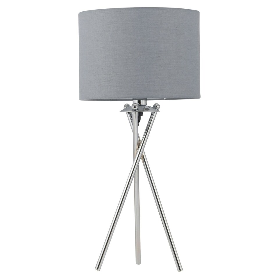 image 1 of First Choice Lighting Set of 2 Chrome Tripod Table Lamps with Grey Cotton Shades Chrome | Grey
