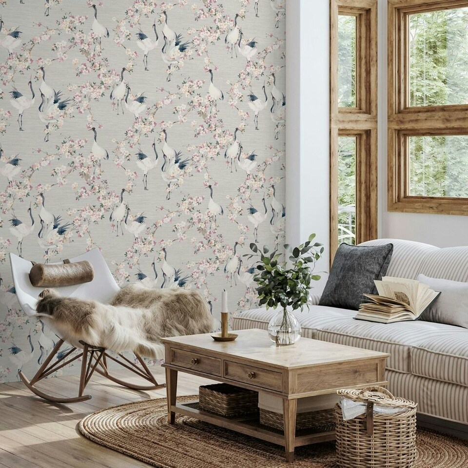 image 1 of Arthouse Blossom Crane Textured Wallpaper - Pink/White - One Size Pink