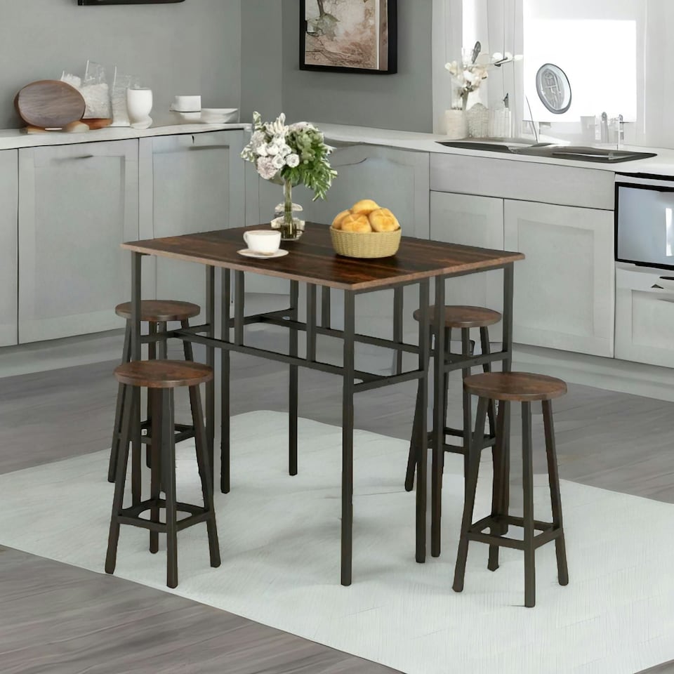 image 1 of 6PC Industrial Dining Table And Stools Set Rustic Brown Brown