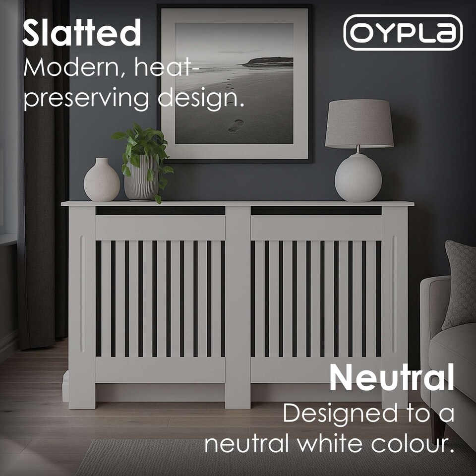 image 1 of Large White Wooden Slatted Grill Radiator Cover MDF Cabinet