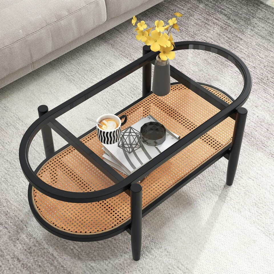 image 1 of COSTWAY 2-Tier Coffee Table Rattan Center Table with Storage Black