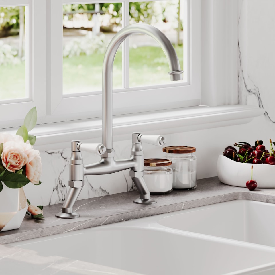 image 1 of Traditional Kitchen Bridge Sink Mixer Tap - Brushed Nickel White Lever | Silver | Brushed Nickel | 1
