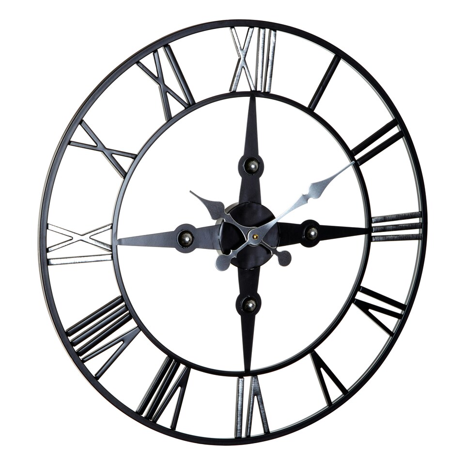 image 1 of Interiors By Premier Wall Clock With Silver Roman Numerals, 59cm Analogue Clock With Black Rim, Stylish Wall Clock For Hallways