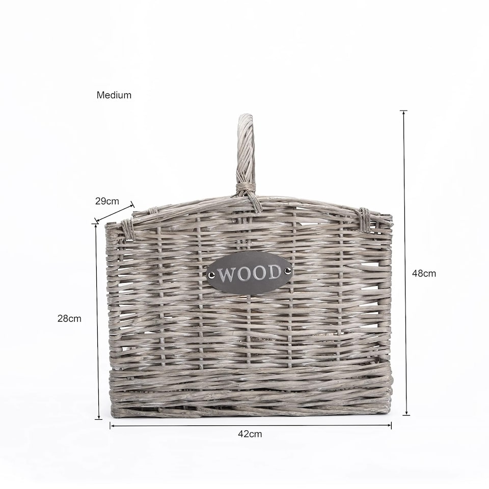 image 1 of Wickerfield Wicker Log Basket, Grey Firewood Basket With Handle, Rustic Fireside Wood Storage Basket For Fireplace, Wood Burner And Kindling (Medium)