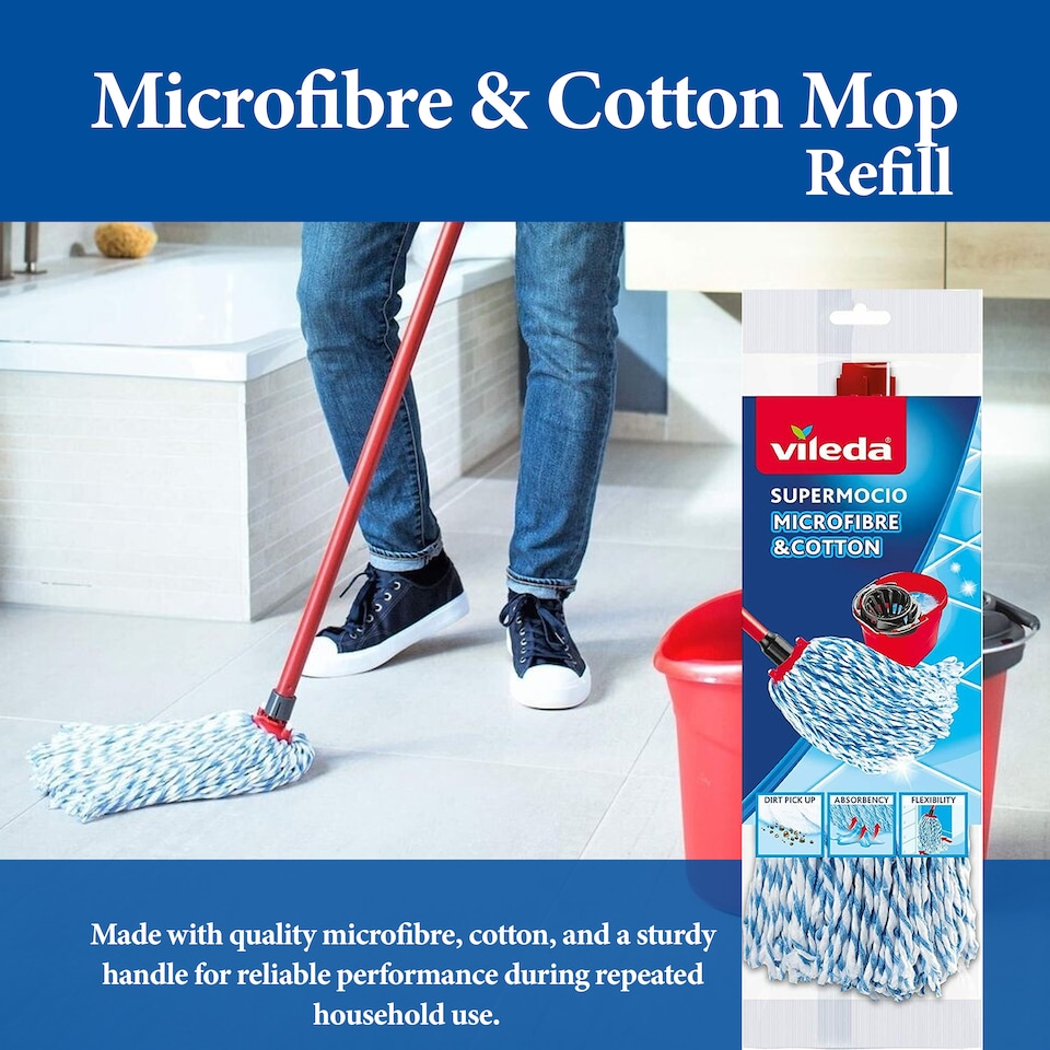 image 1 of Vileda Supermocio Microfiber Cotton Mop Refill Replacement Mop Heads for Corner Cleaning Machine Washable Pack of 2