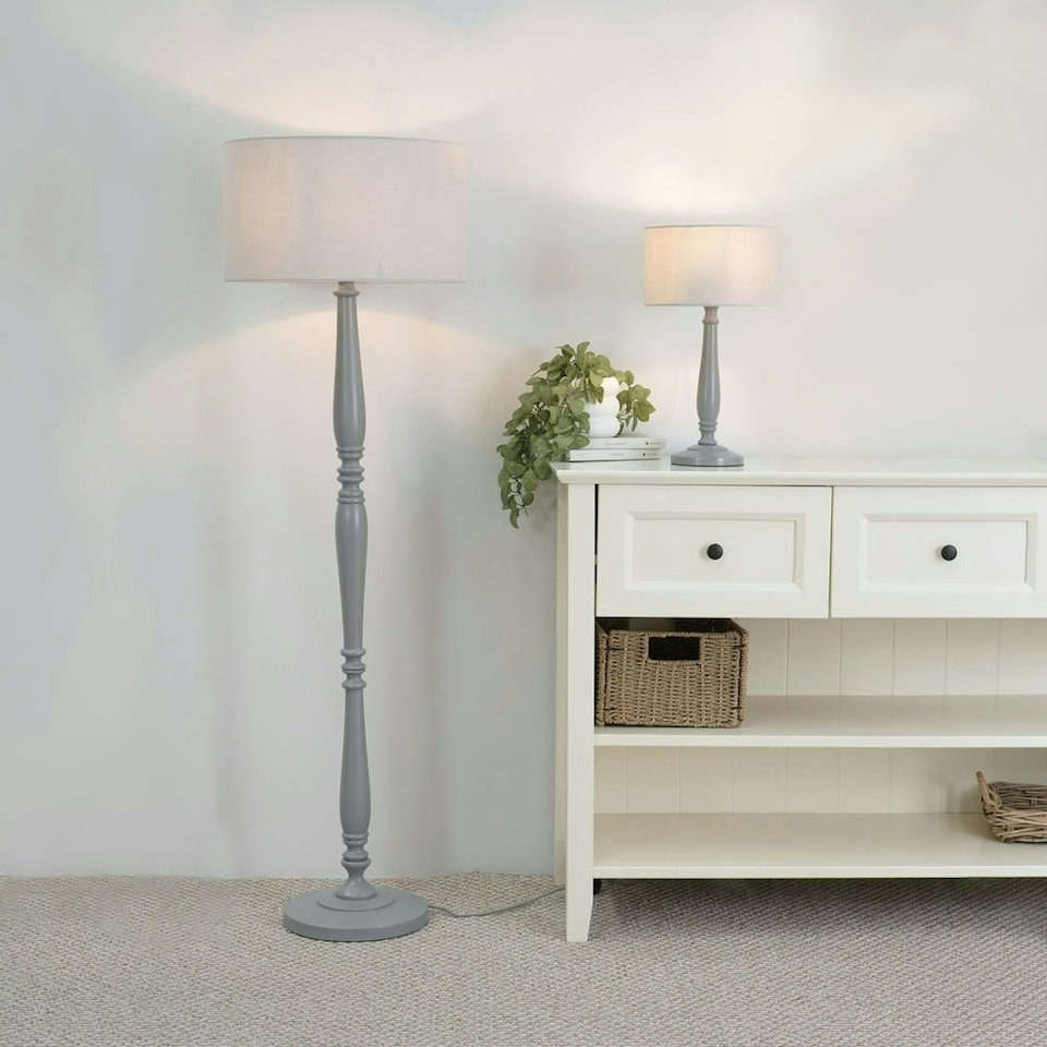 image 1 of ValueLights Victoria Grey Wood Traditional Stem Table Lamp with Grey Fabric Drum Shade and LED Bulb