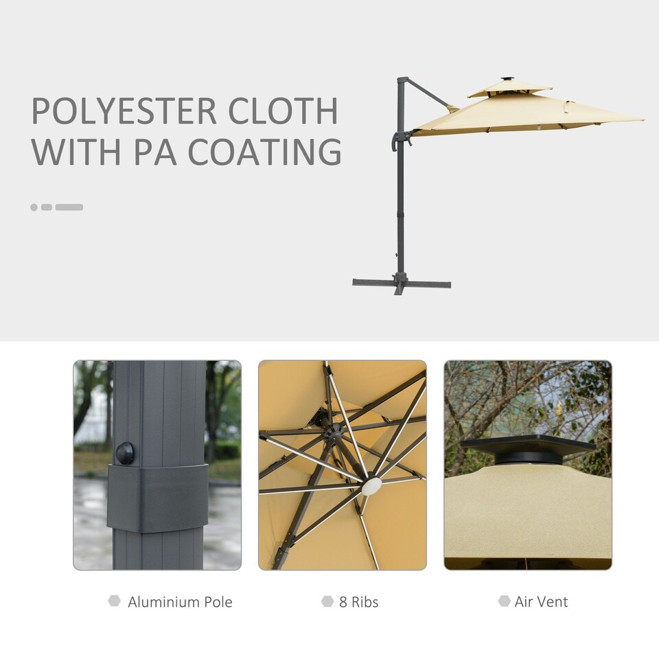 image 1 of Outsunny 3m Cantilever Parasol LED Patio Umbrella for Lawn Beach Poolside Khaki
