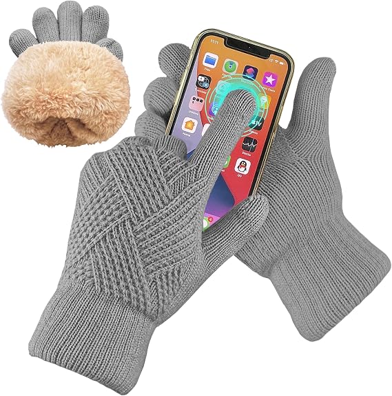 Winter Gloves for Women, Warm Thermal Touch Screen Knitted Gloves with Fleece Lining & Pom Pom, for Snow Cold Weather Gifts, Grey