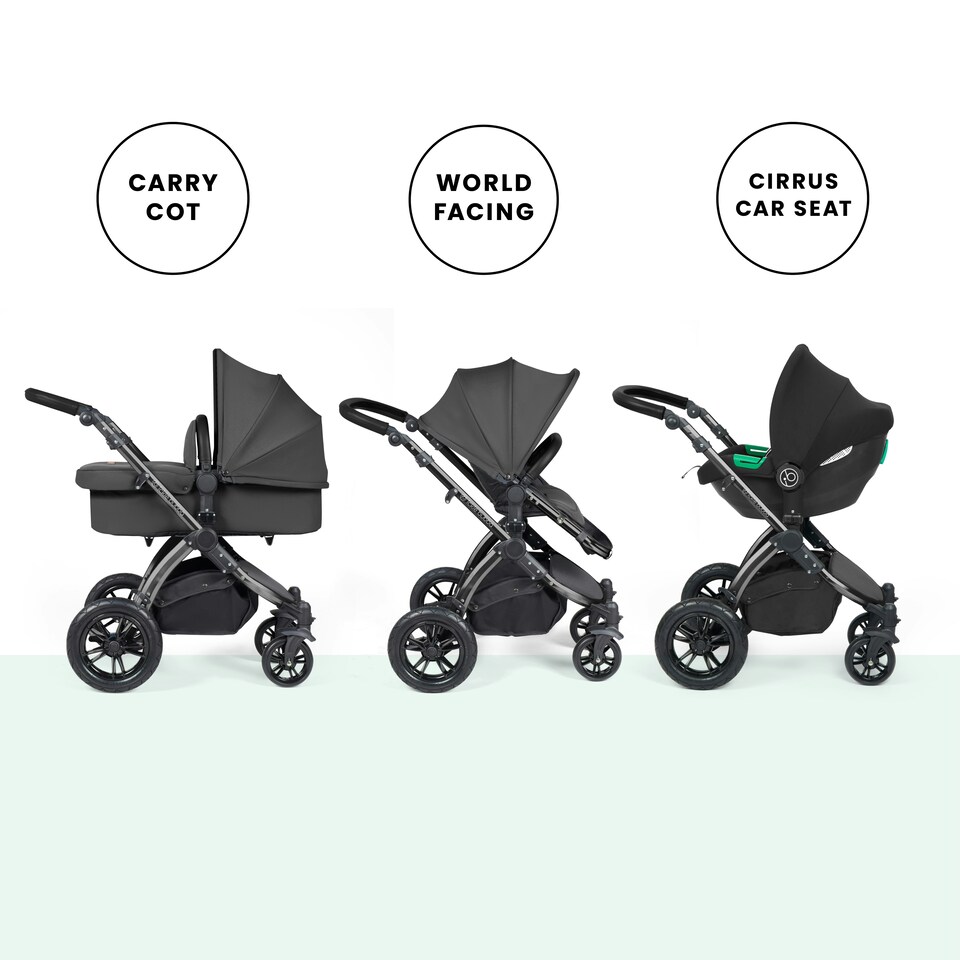 image 1 of Stomp Luxe 12pc Travel System with Cirrus i-Size Car Seat & ISOFIX Base, Carrycot, Reversible Seat, Rain Cover & More (Black/Charcoal Grey/Black)
