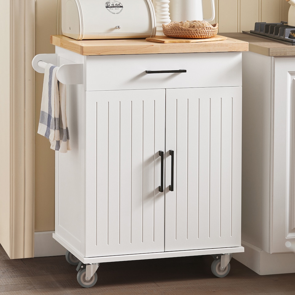 image 1 of SoBuy Kitchen Trolley with Drawer and 2 Doors, White/Natural Wood, 29.1x18.1x35.8 inches, 27.9 kg - FKW119-WN