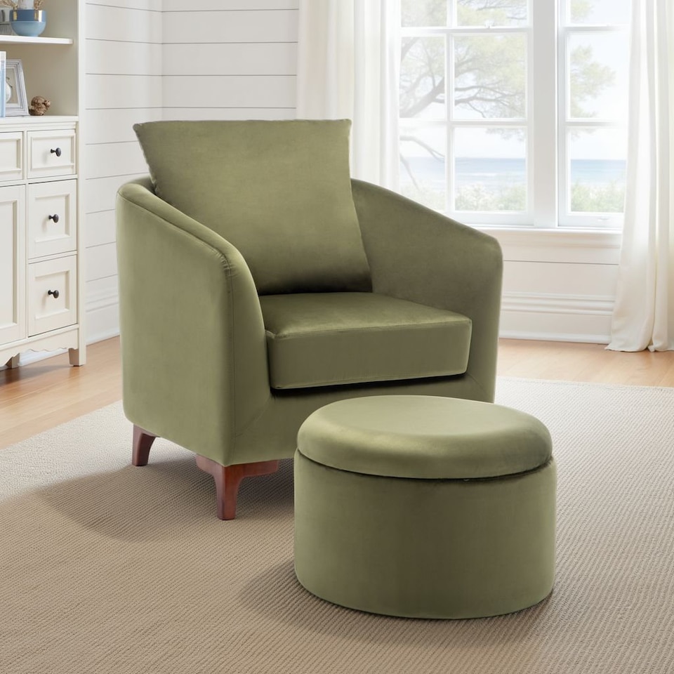 image 1 of Velvet Sage Green Angela Accent Tub Chair with Ottoman