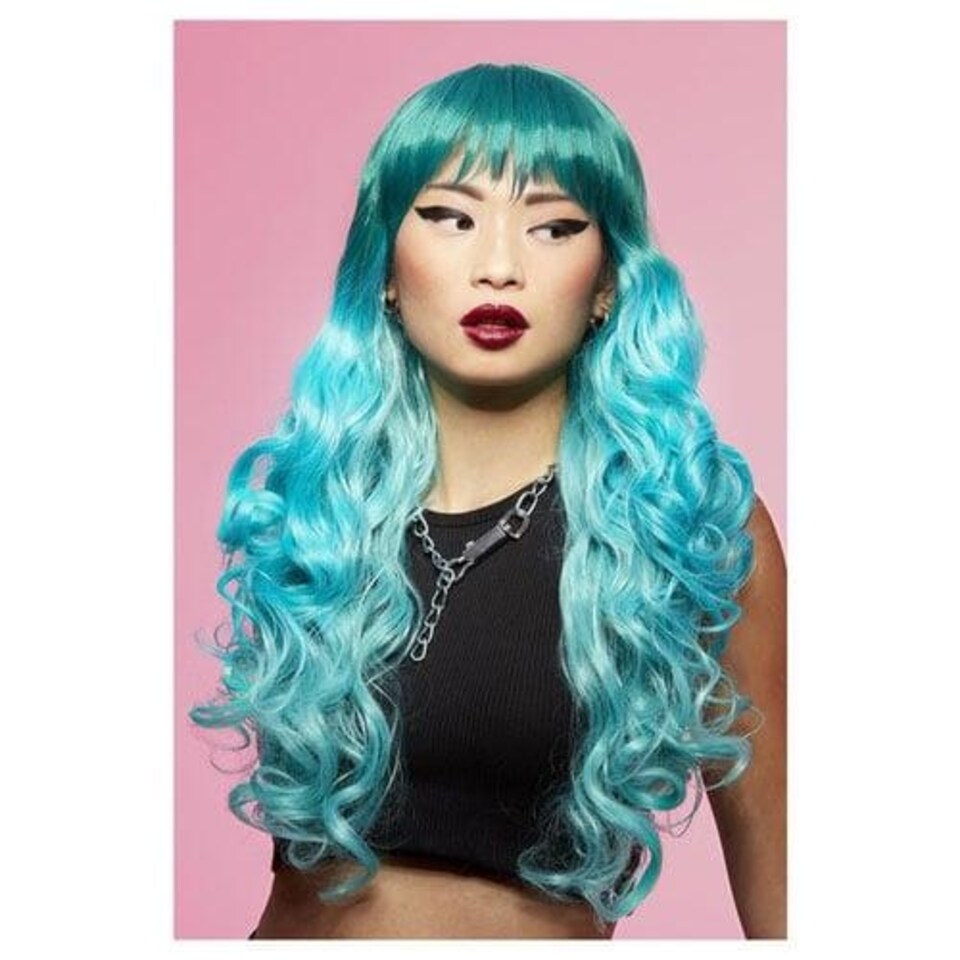 image 1 of Manic Panic Mermaid Ombre Siren Teal & Blue Ombre Long Curled Hair with Fringe Wig