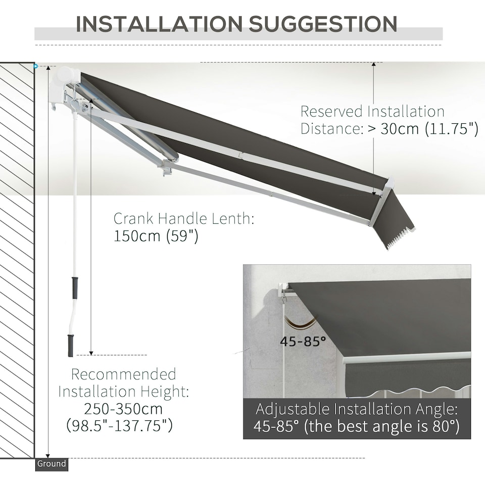 image 1 of Outsunny 4x2.5m Manual Awning Window Door Sun Weather Shade w/ Handle Grey