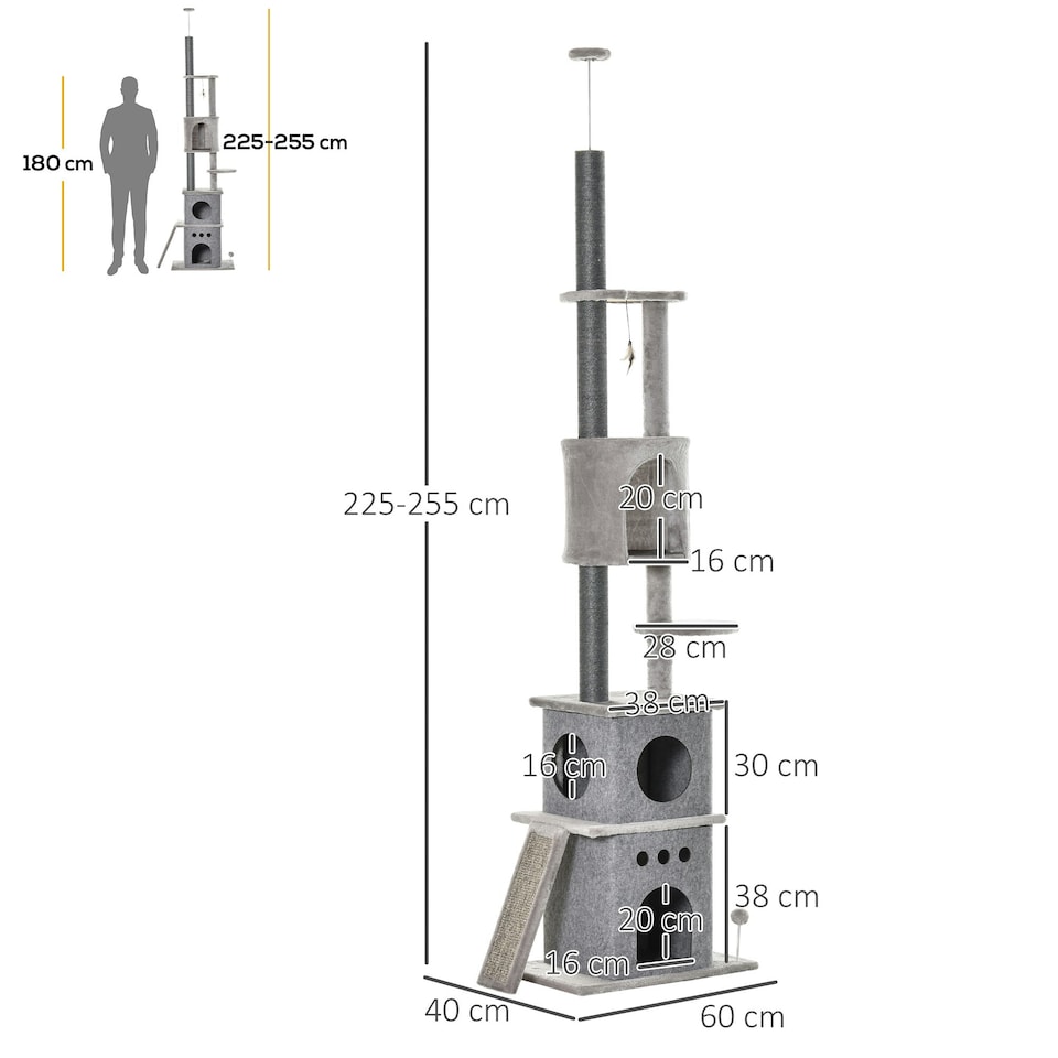 image 1 of PawHut Floor To Ceiling Cat Tree, 255cm Adjustable Height, Grey