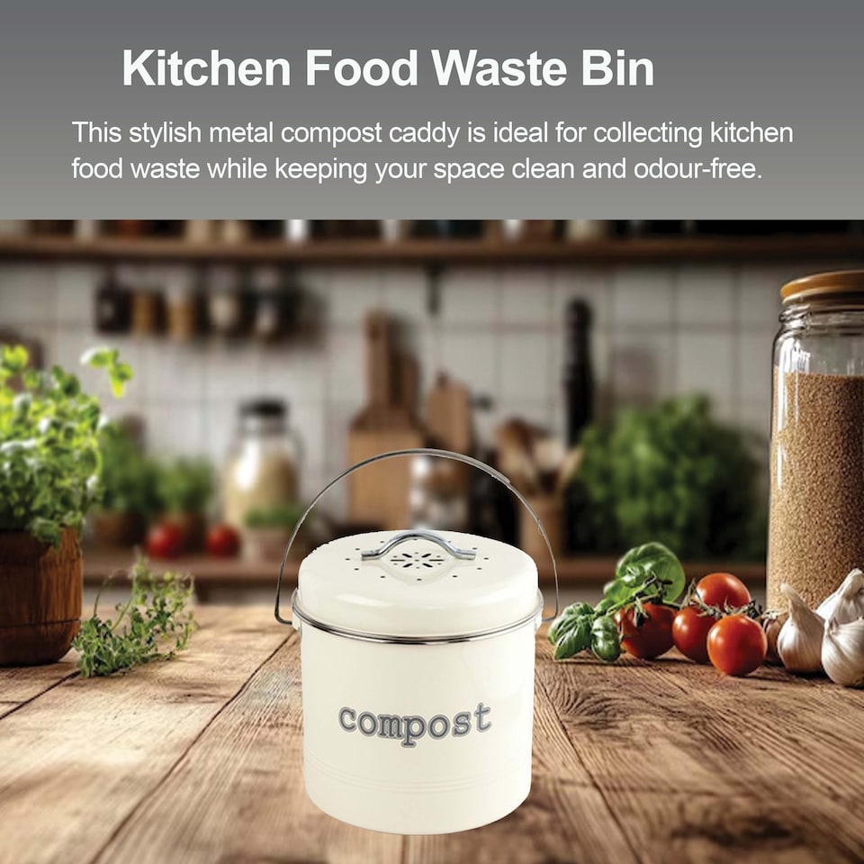 image 1 of Apollo 3L Cream Metal Kitchen Compost Caddy with Lid and Activated Charcoal Filter Countertop Food Waste Bin Odor Control Handle