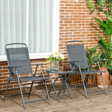 Outsunny Garden Bistro Set, 3 Pieces Table and Chairs Set, Outdoor Garden Furniture with Foldable Breathable Mesh Fabric Armchairs & Glass Top Coffee Table | Grey