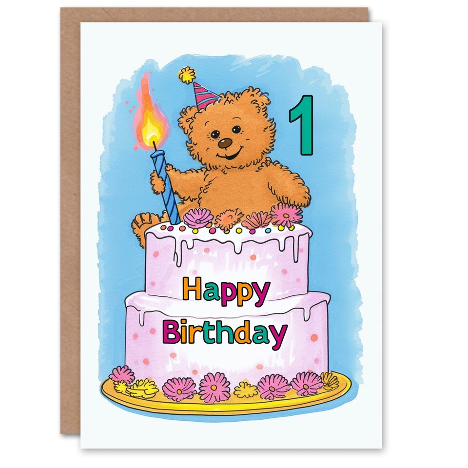 image 1 of Teddy Cake Party Hat Cartoon Cute 1st First Child Kids Birthday Card