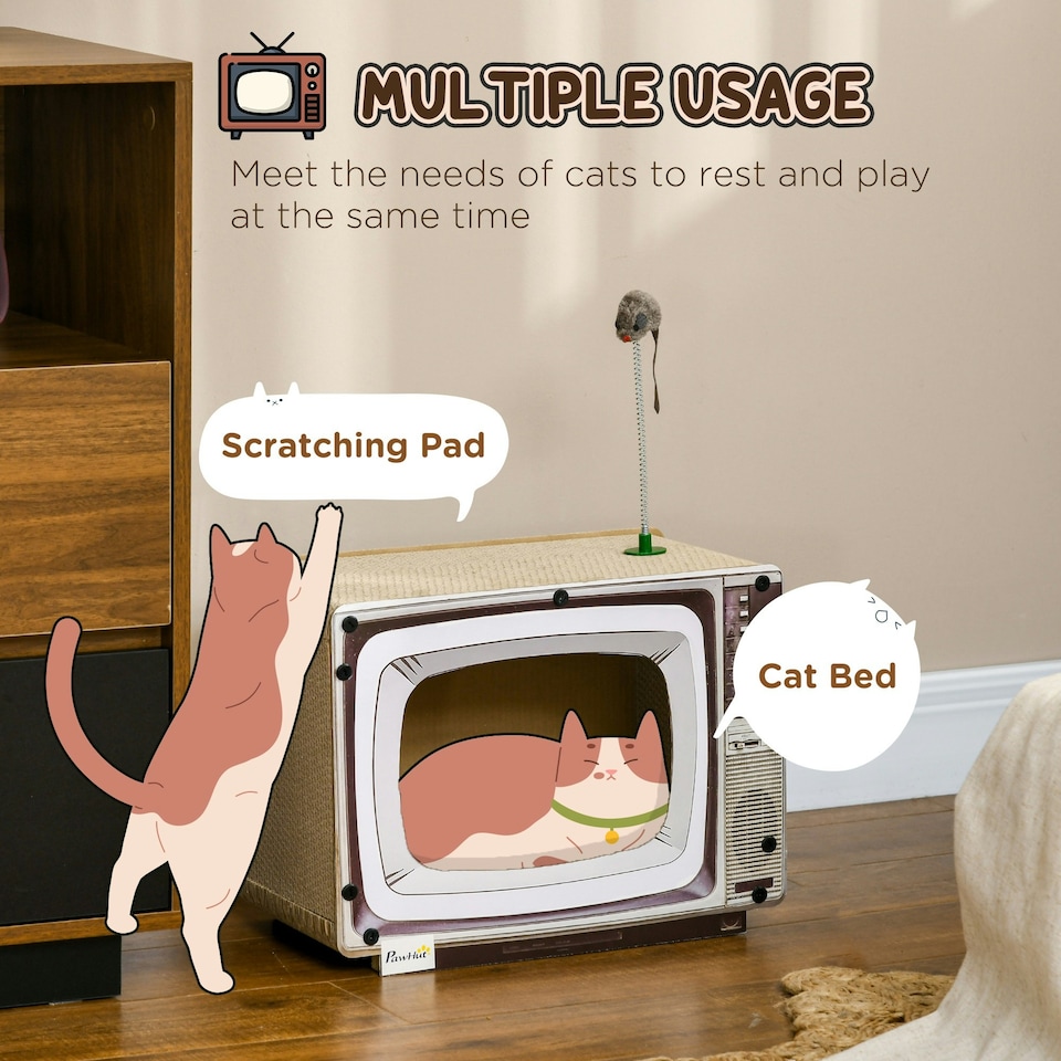 image 1 of PawHut TV-Shaped Cat House, Cardboard with Scratcher Catnip Toy Mouse