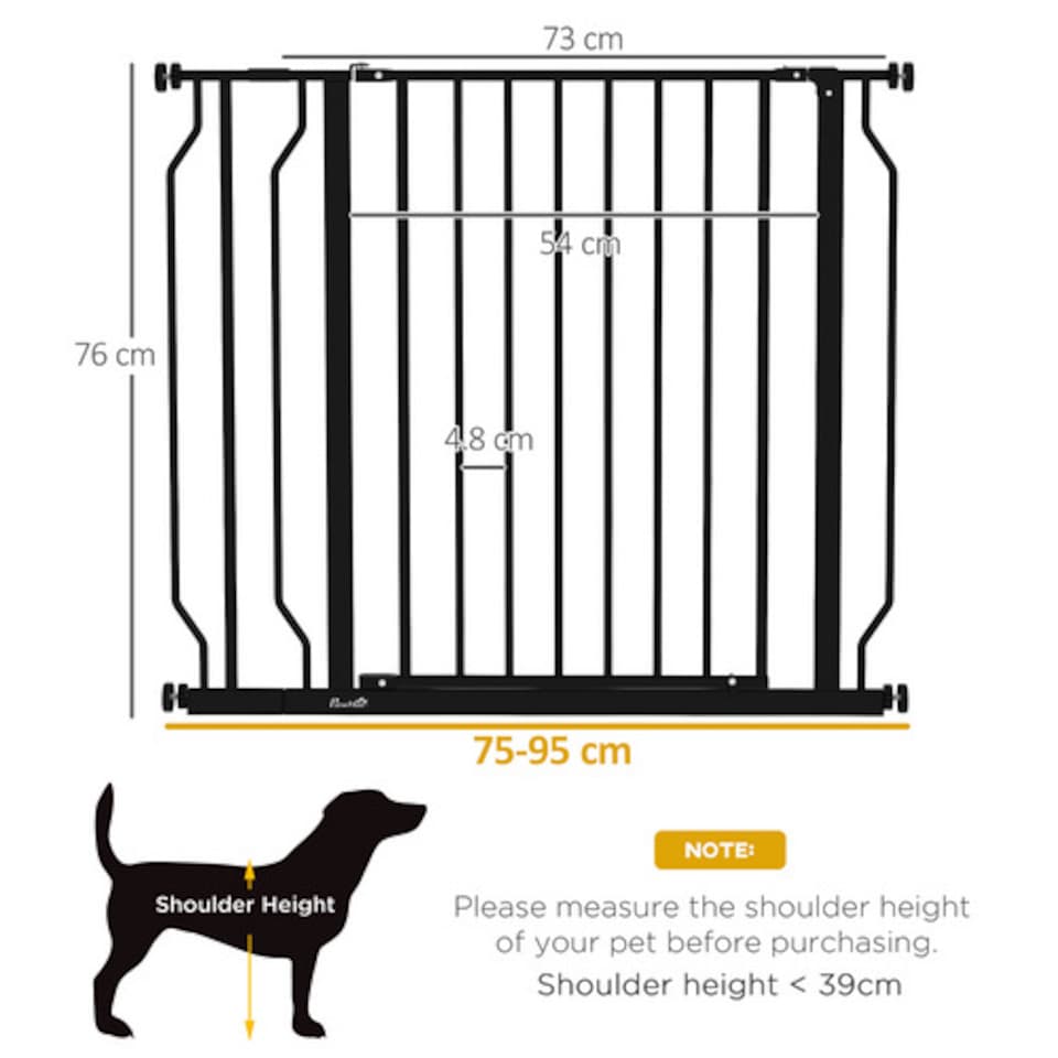 image 1 of PawHut Wide Pressure Fit Dog Gate with Door 75 to 95 cm Black
