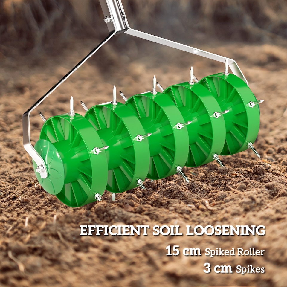 image 1 of Outsunny Grass Spike Roller, Soil Aerator w/ 3 Piece Handle and T-bar Grip | Green
