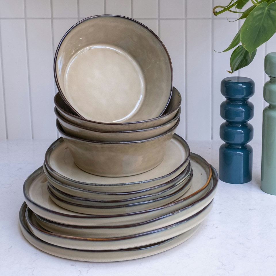 image 1 of Scandi Home 12 piece Oslo Oatmeal Artisan Glaze Tableware Set