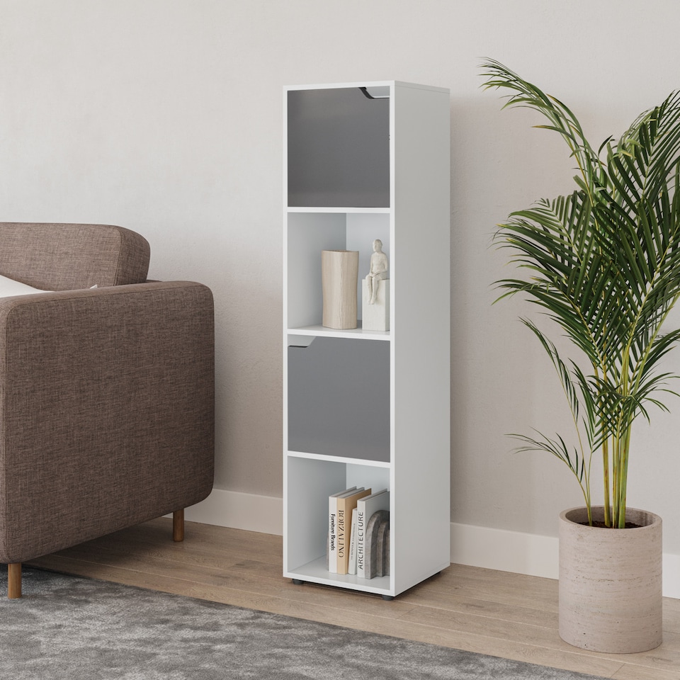 image 1 of 4 -Cube Tall Shelving Unit With Wooden Doors | White | White & Grey | 1