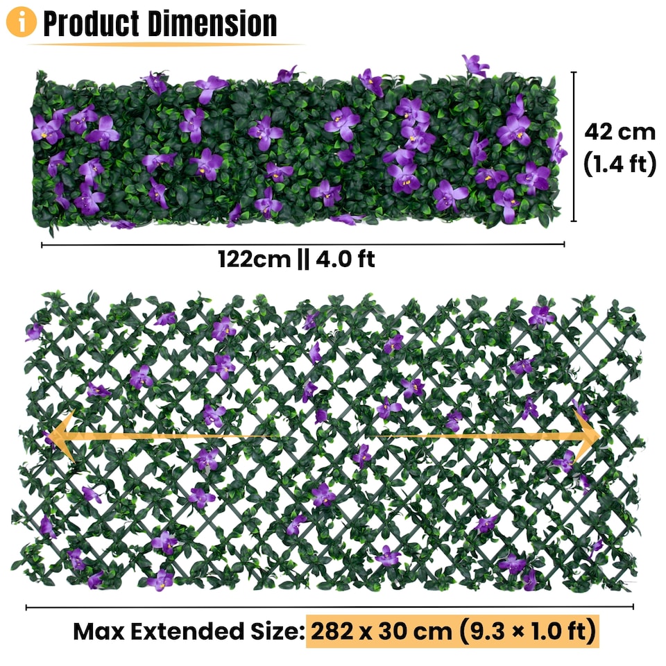 image 1 of Expanding Trellis With Artificial Leaves and Flowers - Ficus Leaf Garden Hedge Balcony Privacy Screening Panel | Green | Green & Purple | M | 1