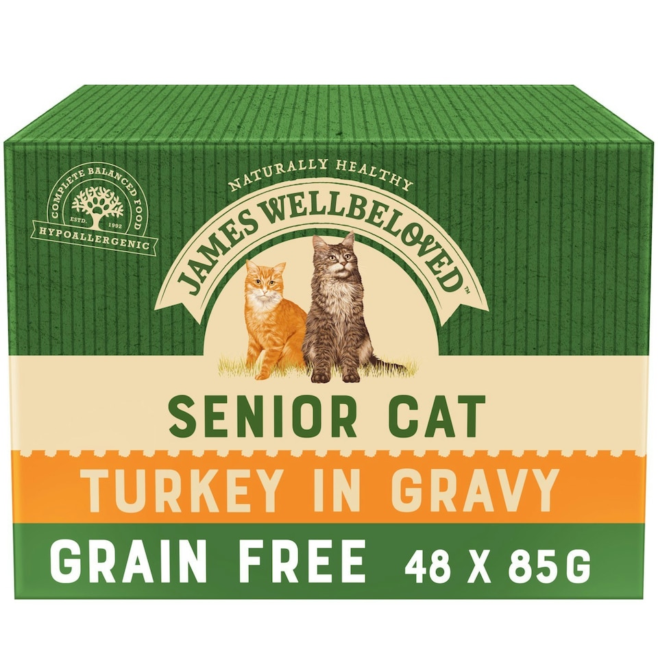 image 1 of James Wellbeloved Grain Free Senior Wet Cat Food Pouches Turkey in Gravy 48 x 85g