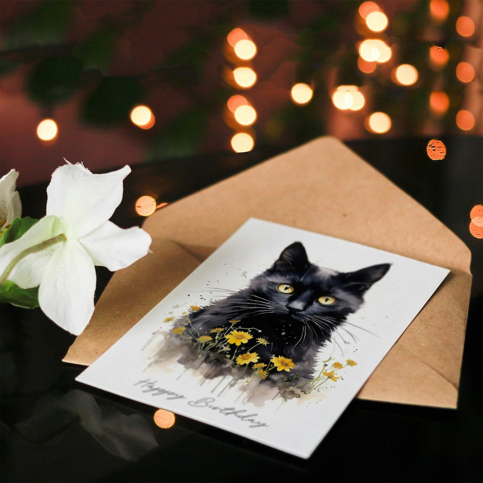image 1 of Happy Birthday Black Cat with Yellow Daisy Flowers Birthday Card