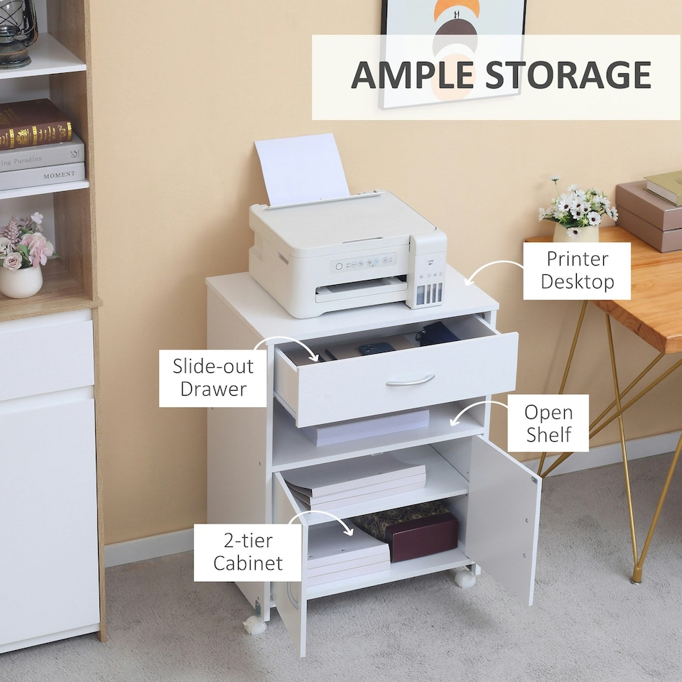 image 1 of Vinsetto Mobile Printer Stand w/ Storage Shelf Universal Wheels for Home White