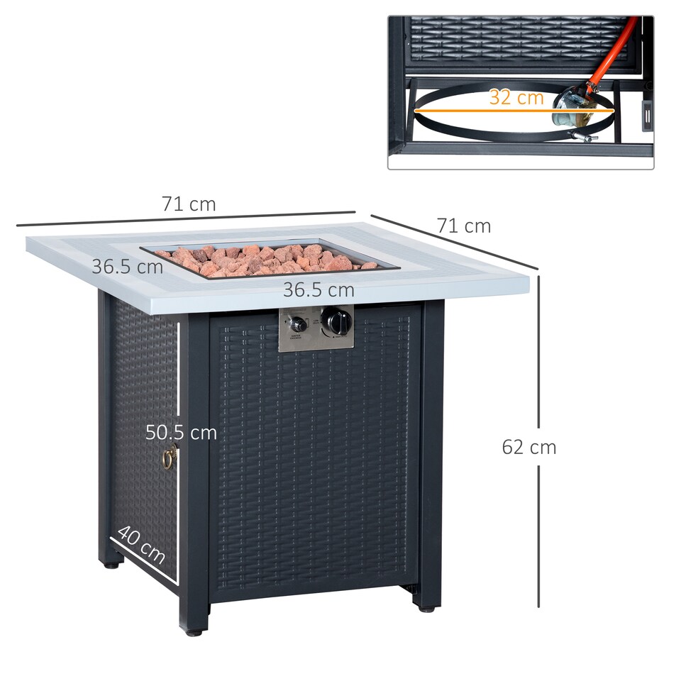 image 1 of Outsunny Square Propane Gas Fire Pit Table, 40000 BTU Rattan Smokeless Firepit Patio Heater with Lava Rocks and Lid, 71cm x 71cm x 62cm, Black