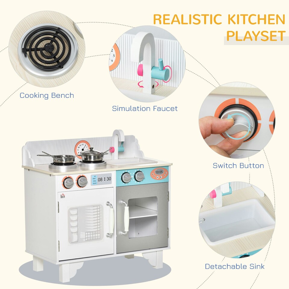 image 1 of HOMCOM Kids Wooden Toy Kitchen Pretend Playset with Sink Faucet Pot for 3-6 Year