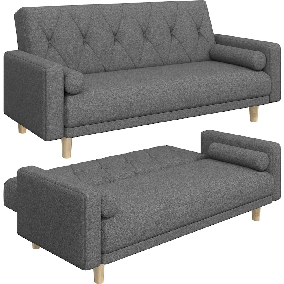 image 1 of Yaheetech Button-tufted Fabric 3-Seater Sofa Bed with 2 Bolster Pillows