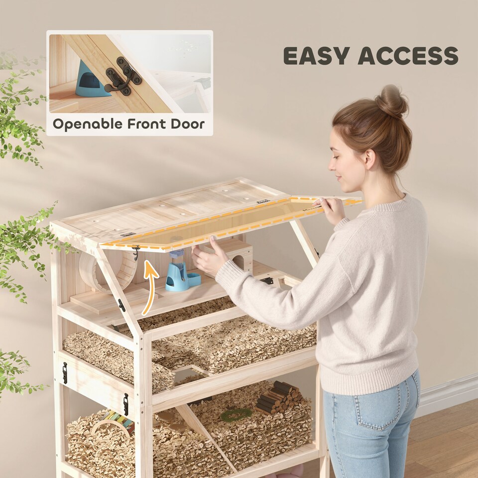image 1 of PawHut Wooden Hamster Cage, 3 Tier Small Animal Cage with Detachable Lower Floor, Storage Shelf, Hut, Seesaw, Exercise Wheel, Ramps, Hamster Habitat for Dwarf, Gerbil, 80L x 53W x 117H cm, Natural