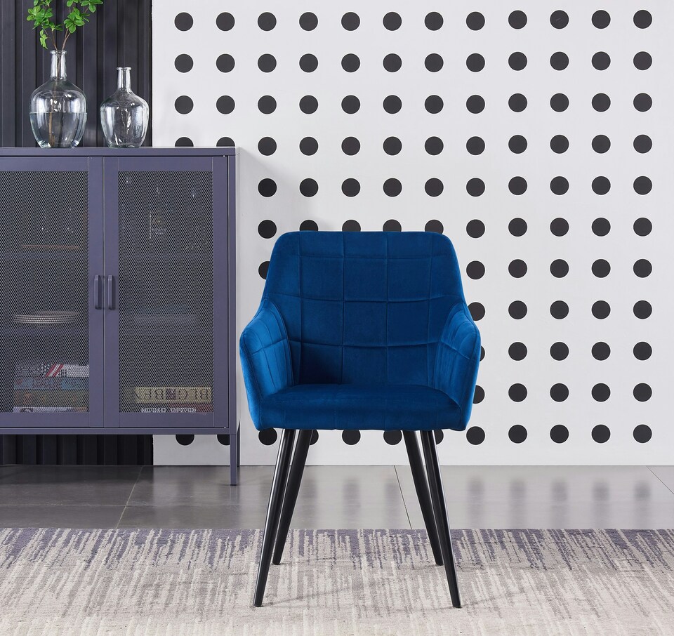 image 1 of Set of 6 Camden Modern Velvet Dining Chairs with Armrests, Quilted Design & Black Metal Legs | Blue