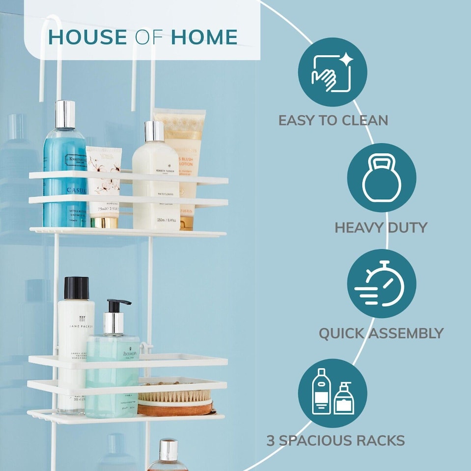 image 1 of House of Home Shower Caddy 3 Tier Bathroom Over The Door Storage Organiser White | White