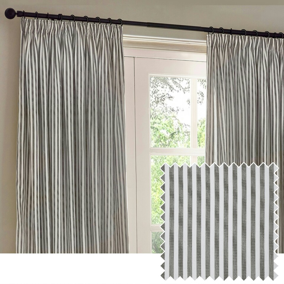 image 1 of Yard Hebden Striped Cotton Grey Pencil Pleat Curtains 117 x 137cm