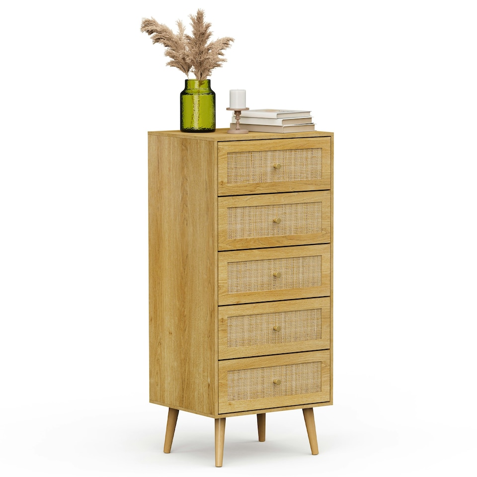image 1 of VonHaus Rattan Tall Chest of Drawers with 5 Drawers Brown