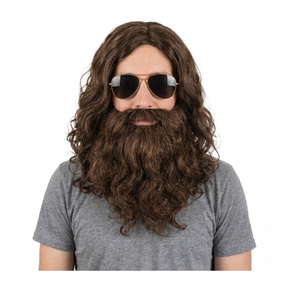 image 1 of Hungover Man Accessory Set - Wig, Beard & Sunglasses | Brown | One Size