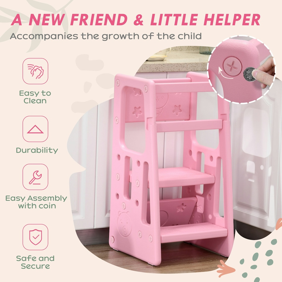 image 1 of HOMCOM Kids Step Stool, Adjustable Standing Platform, Toddler Kitchen Stool Pink