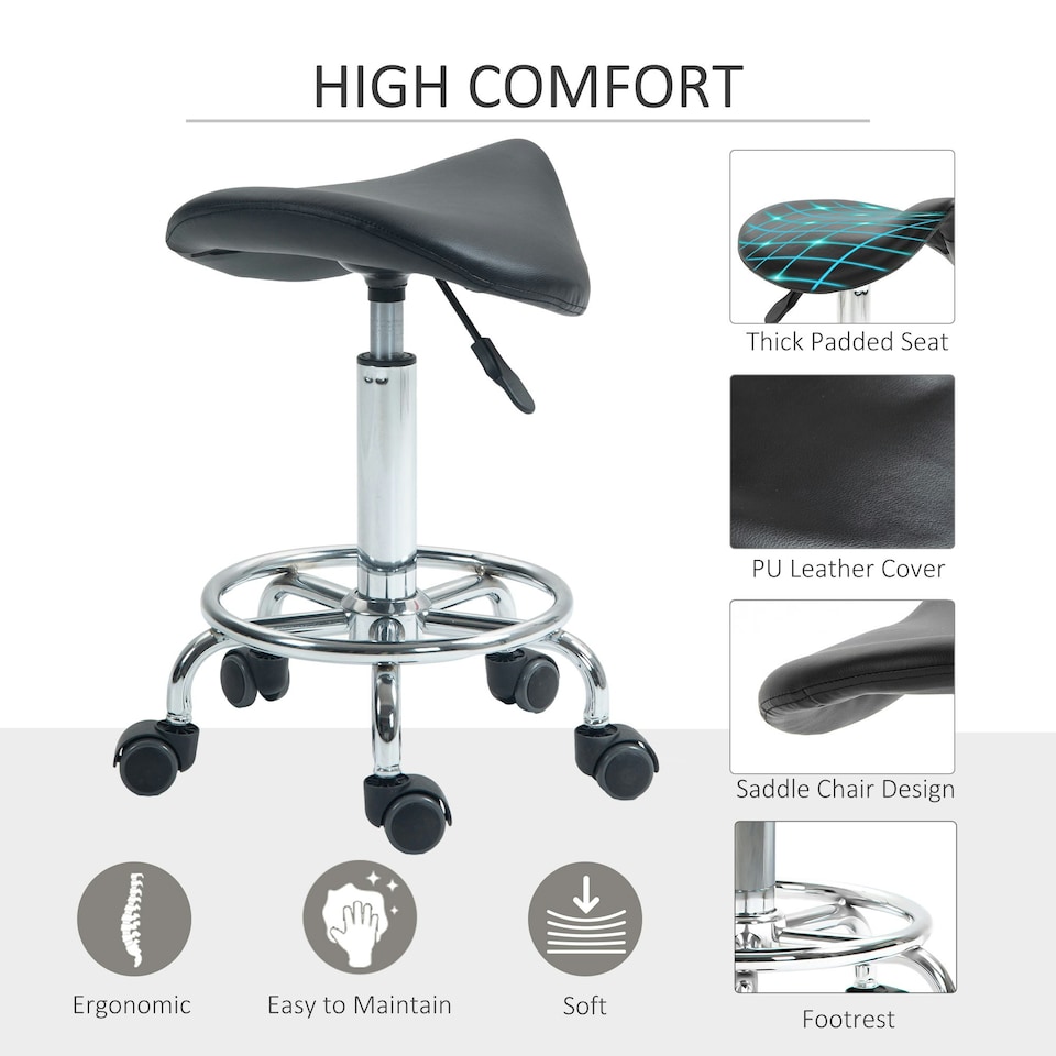 image 1 of HOMCOM Saddle Chair, Rolling Salon Stool for Massage Spa Clinic Beauty, Black