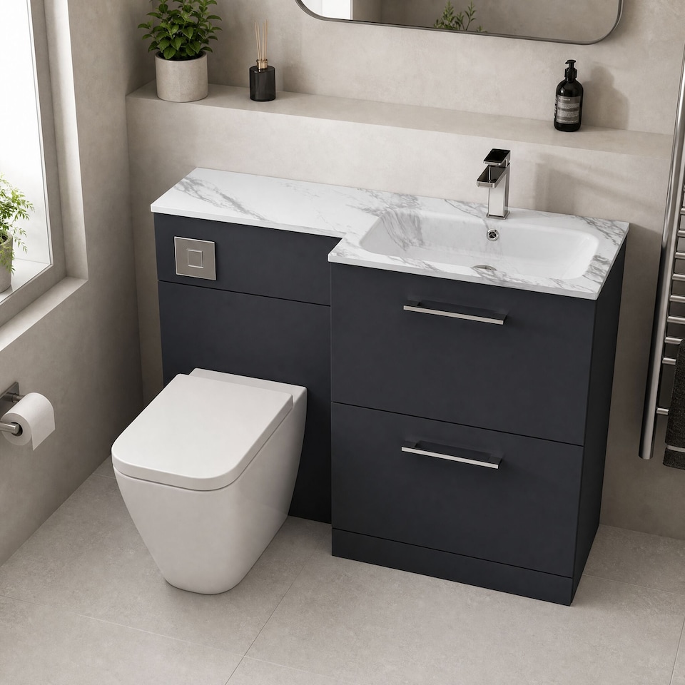 image 1 of Balterley Bramshall Contemporary Floor Standing 2 Drawer Vanity Basin WC Combination Unit, Carrera Marble Stone Basin, Right Hand, 1100mm, Satin Dark