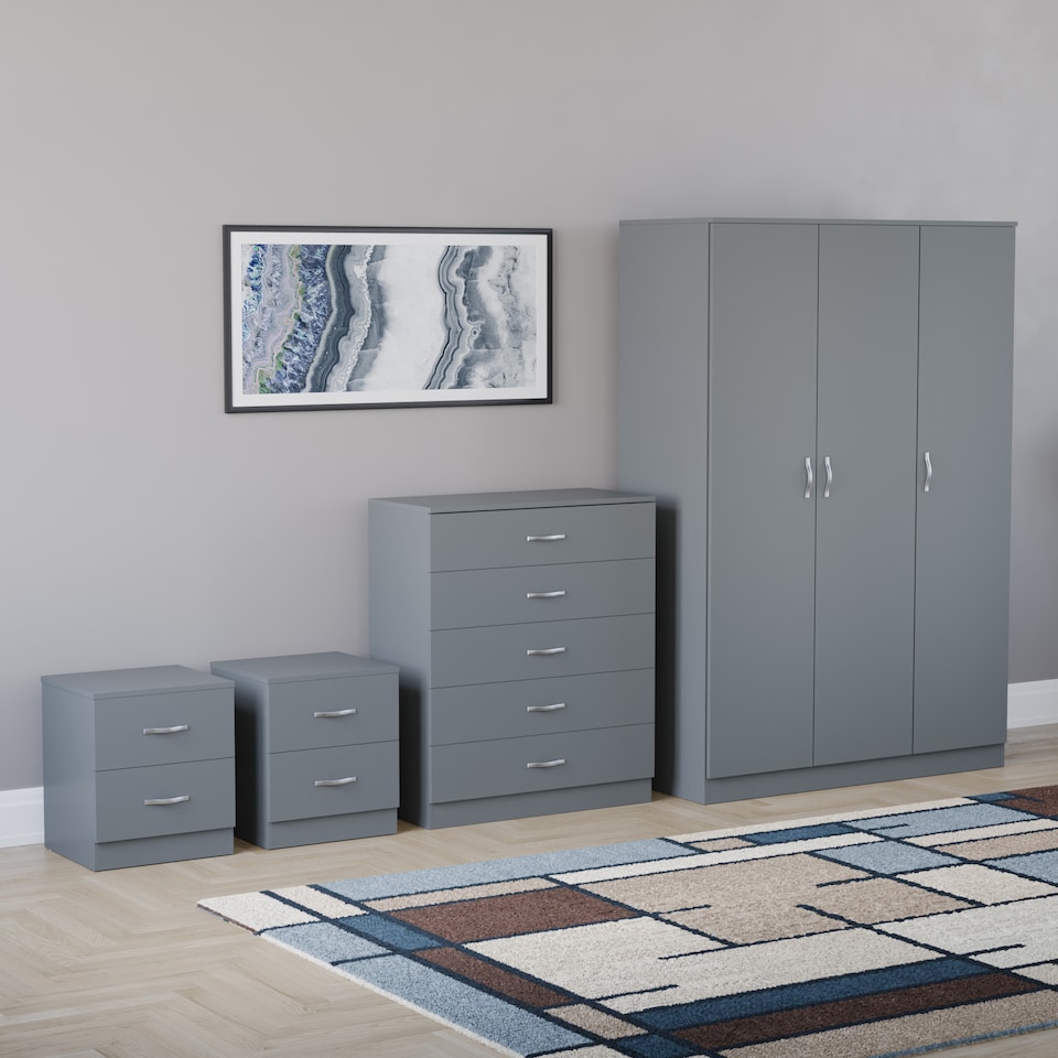 image 1 of Vida Designs Riano 4 Piece Bedroom Set (2 Drawer Bedside Chest, 5 Drawer Chest, 3 Door Wardrobe), Grey (6)