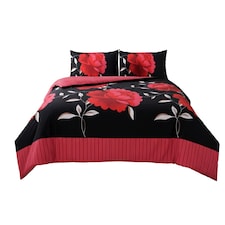 Reversible Floral Duvet Set Elegant Flower Stripe Pattern Bedding for Home Decor | Red | Single